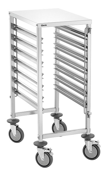 Bartscher Regalwagen 7GN1/1, Eigenschaften: Je eine Behältersicherung an Vorder- und Rückseite, Rahmen aus Vierkantrohr 25 x 25 mm, 300192