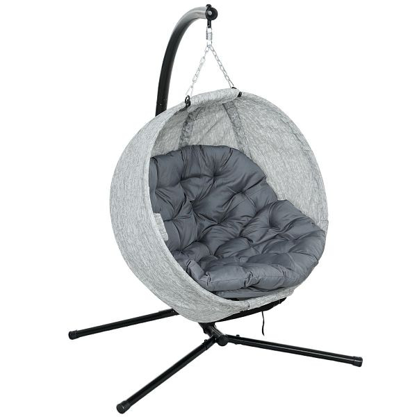 Outsunny Eiförmiger Hängekorb, Hängesessel mit Schaukelfunktion und faltbarem Kob, Gartenstuhl, Becherhalter, Grau, 84A-361V70GY