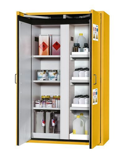 asecos Feuerbeständiger Gefahrstoffschrank Edition mit Fach- und Wannenböden, Bodenwannen, gelb, 224696