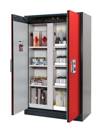 asecos Feuerbeständiger Gefahrstoffschrank Select, mit Mittelwand, Einlege- und Wannenböden, rot, 266824