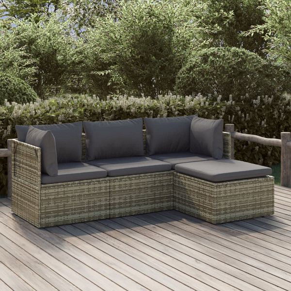 vidaXL 4-teilig Garten-Lounge-Set mit Kissen Grau Poly Rattan, 3157317