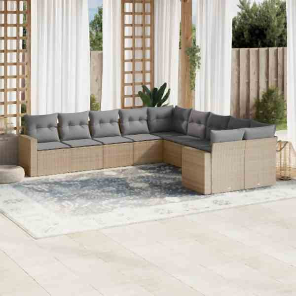 vidaXL 10-tlg. Garten-Sofagarnitur mit Kissen Beige Poly Rattan, UV-beständig, 3219499