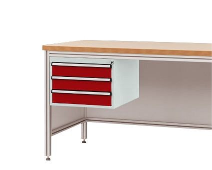 Manuflex Gehäuse-Unterbau für ALU-Arbeitstische, Nutzhöhe 300 mm mit 3 Schubfächern, für Tischtiefe 600 mm, Rubinrot, ZB4625.3003
