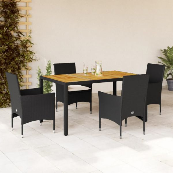 vidaXL 5-tlg. Garten-Essgruppe mit Kissen Schwarz Poly Rattan Akazie, 3278665