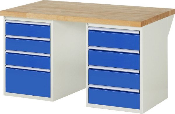 RAU Werkbank Serie 7000 - Baukasten-Bauweise, 2x Unterbau-Container (4x Schublade) links und rechts, 1500x840x900 mm, 03-7820A3-159B4S.11