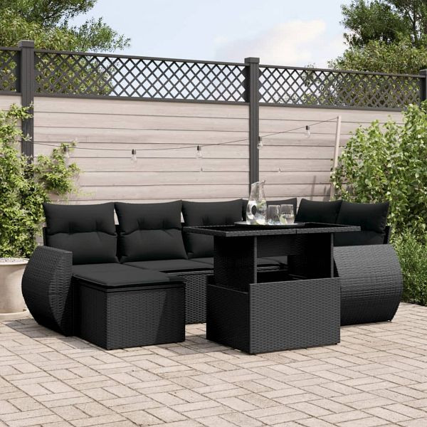 vidaXL 7-teilig Garten-Sofagarnitur mit Kissen Schwarz Poly Rattan, 3268675