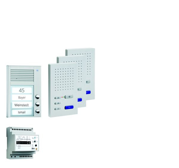 TCS Türkontrollsystem audio:pack AP für 3 Wohneinheiten, mit Außenstation PAK 3 Klingeltasten, 3x Freisprecher ISW3030, Steuergerät BVS20, PPAF03-EN/02