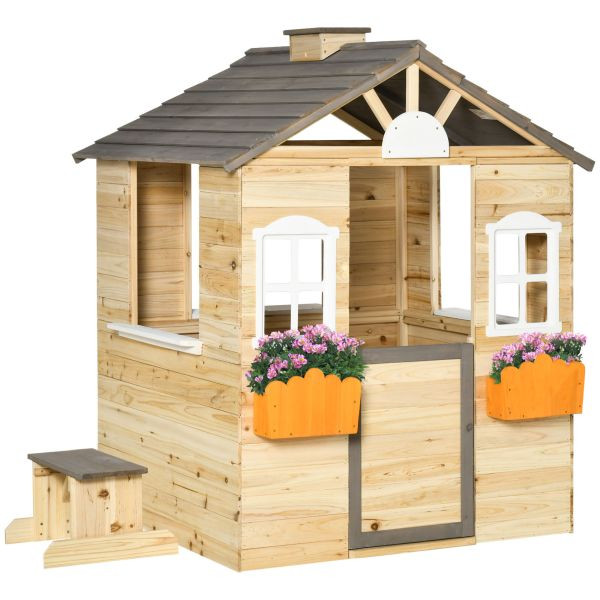 Outsunny Spielhaus für Kinder Holz Kinderspielhaus mit Briefkasten Fenster Natur, 345-024