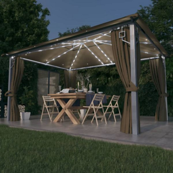 vidaXL Pavillon mit Vorhängen & LED-Lichterkette 400x300 cm Taupe Alu, 3070337