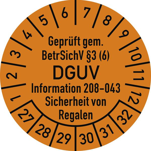 Moedel Prüfplakette BetrSichV §3 DGUV 208-043, 2027-2032, Dokumentenfolie, Ø 30mm, VE: 10 Stück/Bogen, 108328