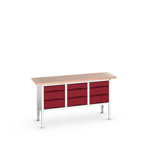 bott verso Kastenwerkbank (Multiplex-Platte) mit 6 Schubladen, BxTxH: 1750 x 600 x 830 - 930 mm, Lichtgrau / Purpurrot, 16923023.24