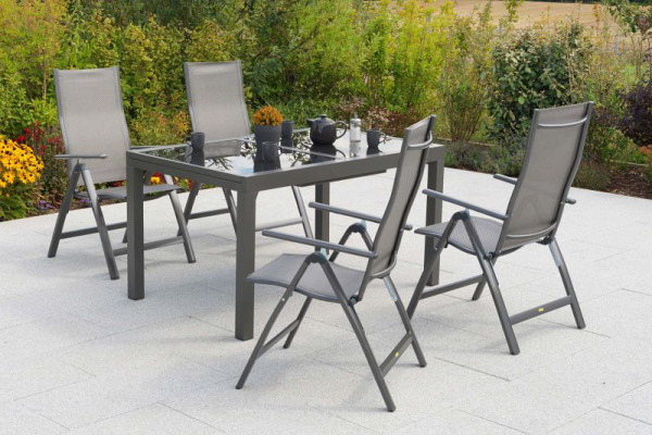 Merxx Carrara Set 5-teilig, 4 Klappsessel, 1 Ausziehtisch 150 (210) x 90 cm, graue Glasplatte, graphit/diamant, 51145-330