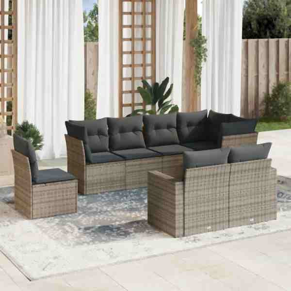 vidaXL 8-tlg. Garten-Sofagarnitur mit Kissen Grau Poly Rattan, UV-beständig, 3219230
