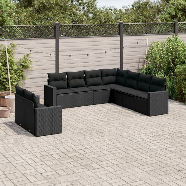 vidaXL 9-teilig Garten-Sofagarnitur mit Kissen Schwarz Poly Rattan, 3251482