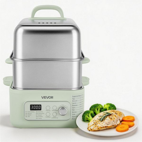 VEVOR Elektrischer Dampfgarer 13 L, 2 Ebenen, Edelstahl, 1500 W, Grün, 9 Programme, Warmhaltefunktion, für 3–6 Personen, YJJXDZG2C150VFQAV001V2