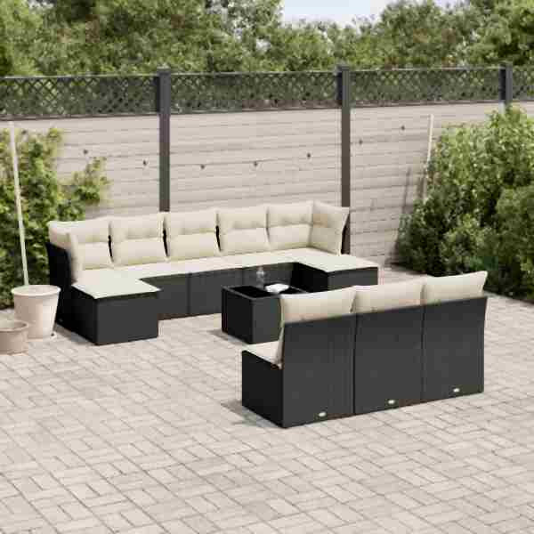 vidaXL 11-tlg. Garten-Sofagarnitur mit Kissen Schwarz Poly Rattan, UV-beständig, 3250135