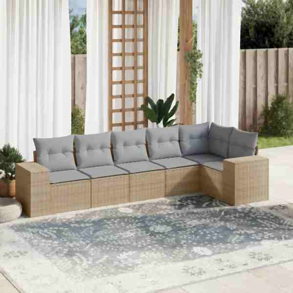 vidaXL 6-tlg. Garten-Sofagarnitur mit Kissen Beige Poly Rattan, UV-beständig, 3254926