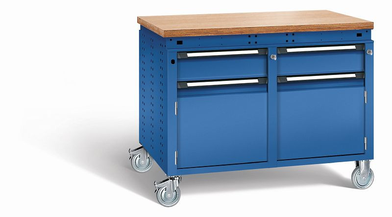 Otto Kind Werkbank Serie function Typ 251 fahrbar, Multiplexplatte 40 mm, bündig, 2x Unterbau, komplett RAL 5010, 072382113
