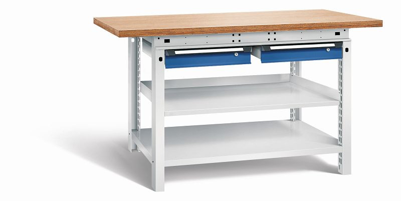 Otto Kind Werkbank Serie function Typ 209, Multiplexplatte 40 mm, überstehend, 2 Schubladen 120 mm, Gehäuse RAL 7035, Front RAL 5010, 072339286