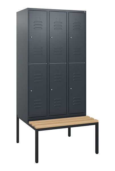 C+P Doppelstöckiger Spind Classic PLUS, 3 Abteile, 1950x900x815mm, 7016/7016, Zylinderschlösser, Buche-Sitzleisten, Sitzbank, 0803505-30 S10042