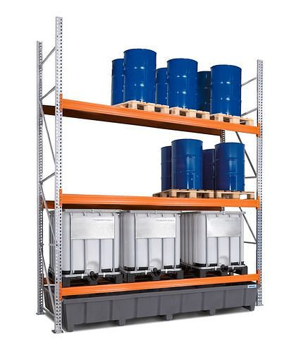 DENIOS Gefahrstoff-Palettenregal, Grundfeld, 3 Lagerebenen, Kunststoff-Auffangwanne, 3500 x 1315 x 3800 mm, 305697