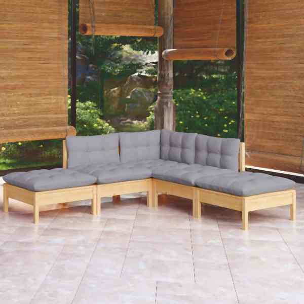 vidaXL 5-tlg. Garten-Lounge-Set mit Grauen Kissen Kiefernholz, 3096309