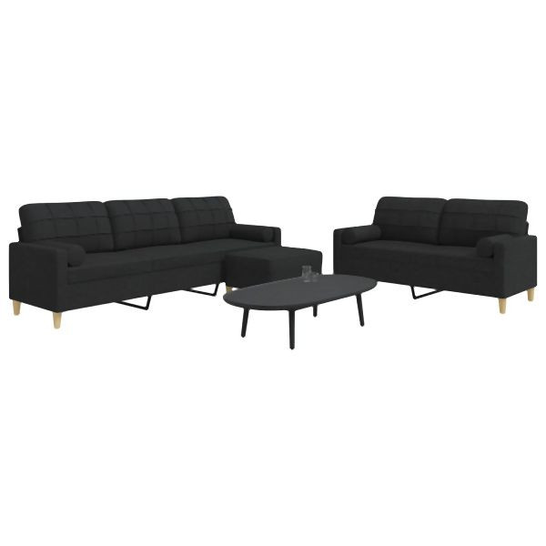 vidaXL 3-tlg. Sofagarnitur mit Fußhocker & Dekokissen Schwarz Stoff, 3278347