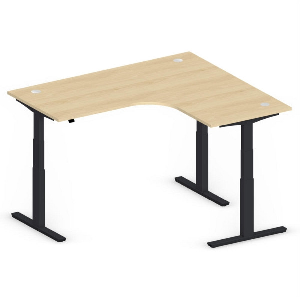 Deskin XXL Sitz-/ Stehschreibtisch Jumbo MULTI M, Buchedekor, T-Fuß-Stahlgestell in Schwarz RAL 9005, rechtsseitig geformt, 295169