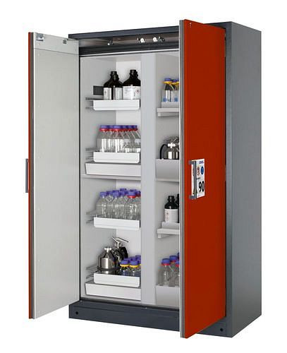 asecos Feuerbeständiger Gefahrstoffschrank Select, Mittelwand, mit Auszugs- und Bodenwannen, rot, 266865