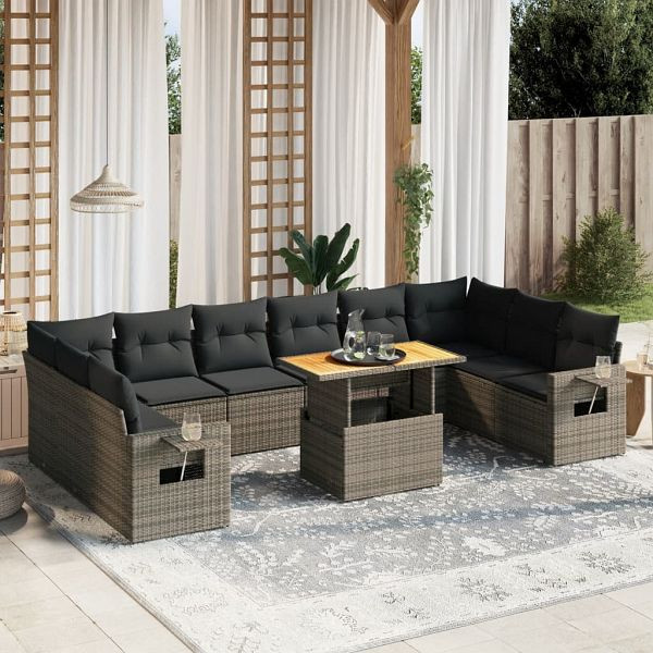 vidaXL 11-teilig Garten-Sofagarnitur mit Kissen Grau Poly Rattan, 3271928