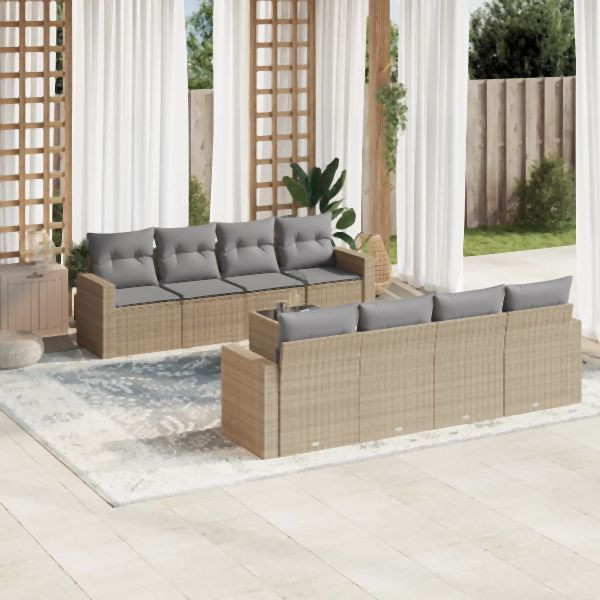 vidaXL 9-tlg. Garten-Sofagarnitur mit Kissen Beige Poly Rattan, 3251086