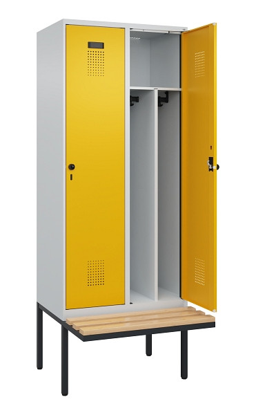 C+P Spind Evolo PLUS, 2 Abteile, 2120x800x815mm, 7035/1004, Haken 4, Drehriegel, Sitzfläche Holz, Trennwand, 0490407-22F S10000