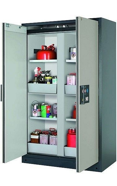 asecos Sicherheitsschrank Q-CLASSIC-90, Q90.195.120.MM in lichtgrau RAL 7035 mit 4x Fachboden (Stahlblech), 34192-041-34206