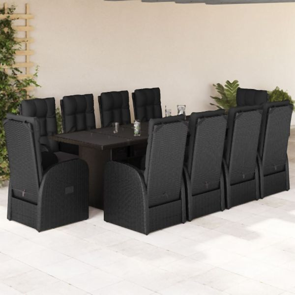 vidaXL 11-tlg. Garten-Essgruppe mit Kissen Schwarz Poly Rattan, 3277642