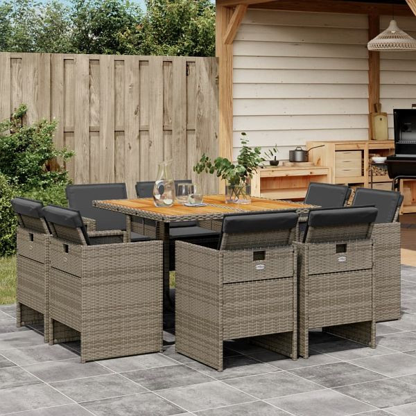 vidaXL 9-teilig Garten-Essgruppe mit Kissen Grau Poly Rattan, 3277789