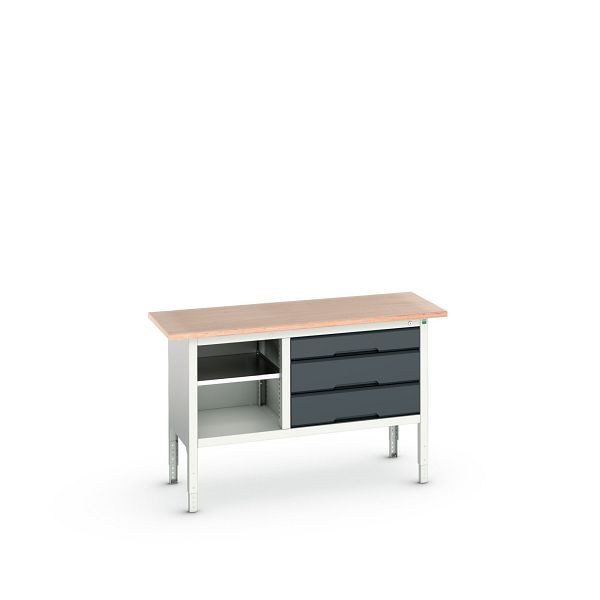 bott verso Kastenwerkbank mit einstellbarer Arbeitshöhe und offenem Schrank mit 3 Schubladen, 1500x600x830-930mm, Lichtgrau/Anthrazitgrau, 16923013.19