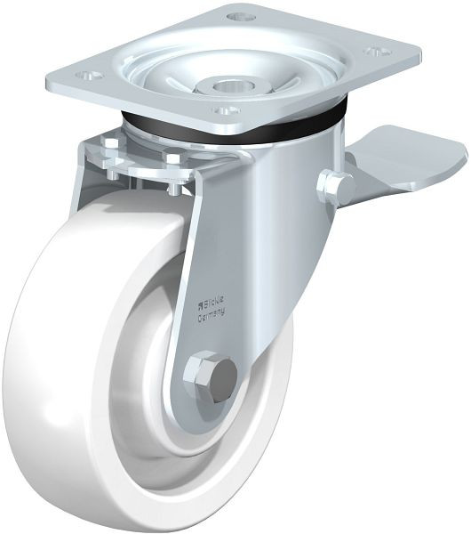 Blickle LK-SPO 150K-ST Stahlblech-Lenkrolle, schwere Ausführung, mit Anschraubplatte & Feststeller, Polyamid, Weiß, 68585