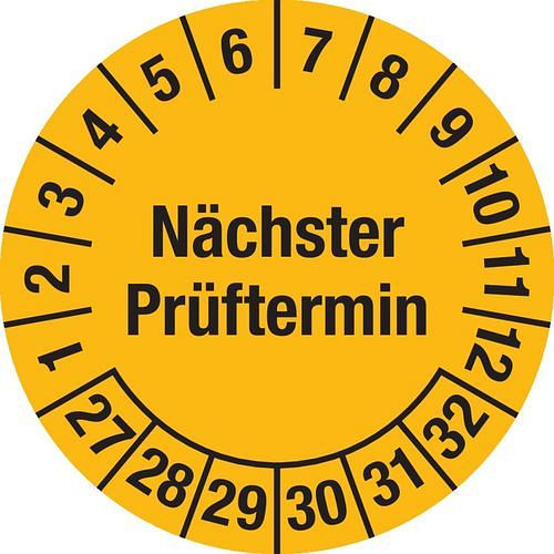 DENIOS Prüfplakette "Nächster Prüftermin", 27 - 32, gelbe Version, Folie, SK, 25 mm, VE: 5 Bogen à 15 Stück, 290060
