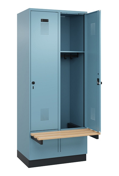 C+P Spind Evolo PLUS, 2 Abteile, 1950x800x815mm, 0010/0010, Drehriegel, Sitzfläche Holz, Sitzbank auskragend Sockel, 049040-22 S10021