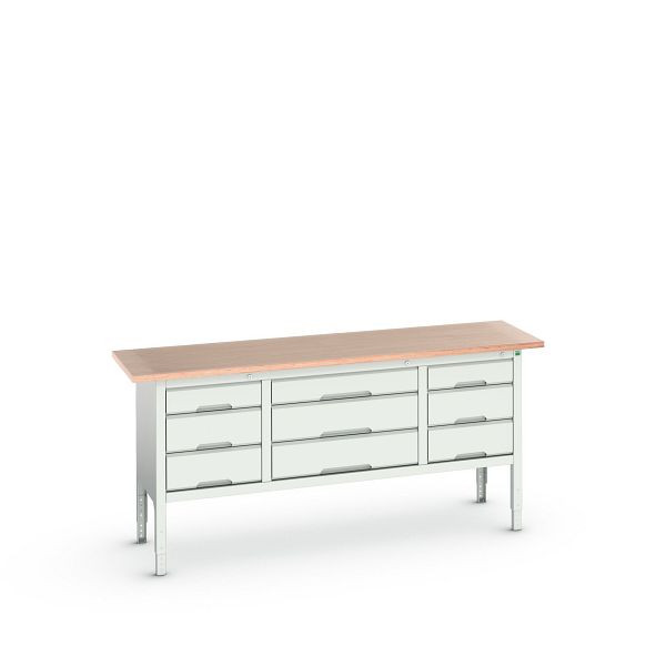 bott verso Kastenwerkbank (Multiplex-Platte) mit 9 Schubladen, BxTxH: 2000 x 600 x 830 - 930 mm, Lichtgrau / Lichtgrau, 16923033.16