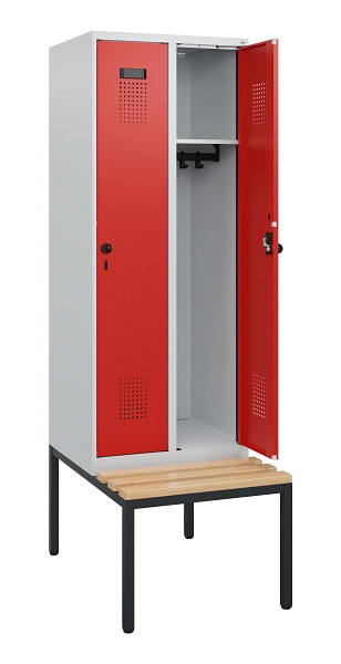 C+P Spind Evolo PLUS, 2 Abteile, 1950x600x815mm, 7035/3020, Drehriegel, Sitzfläche Holz, Sitzbank, 0490505-20 S10005