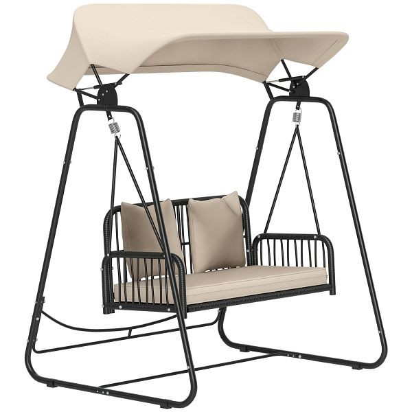 Outsunny Hollywoodschaukel Rattan 2-Sitzer Gartenschaukel mit Sonnendach Kissen bis 240 kg 149 x 121 x 180 cm Khaki, 867-277V00KK