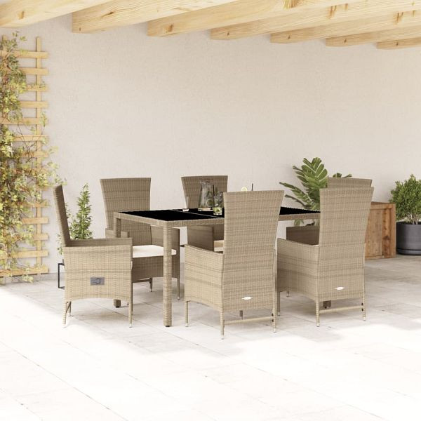 vidaXL 7-teilig Garten-Essgruppe mit Kissen Beige Poly Rattan, 3277574