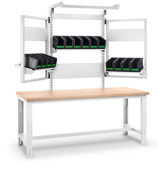 bott cubio Aufnahmerahmenset A4 bestückt 3 Lochplatten, 3 Ablagen, 14 bottBoxen BxTxH: 900 x 645 x 1357 mm, RAL 7035, 41011143.16