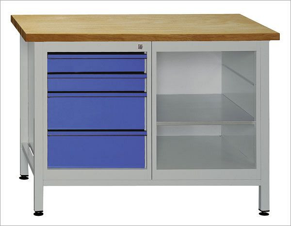 ADB Werkbank 1 Regalteil + 4 Schubladen, Maße: 1200x600x840mm (BxTxH), Farbe Werktisch: grau, RAL 7035, Farbe Schublade: Lichtblau (RAL 5012), 41929