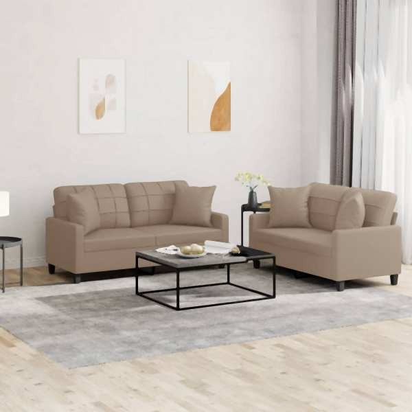 vidaXL 2-tlg. Sofagarnitur mit Kissen Cappuccino-Braun Kunstleder, 3201372