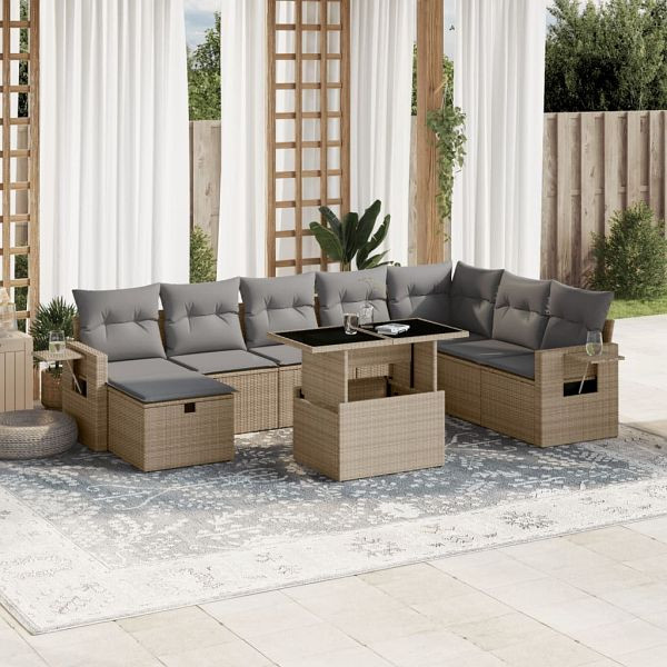 vidaXL 9-teilig Garten-Sofagarnitur mit Kissen Beige Poly Rattan, 3275029
