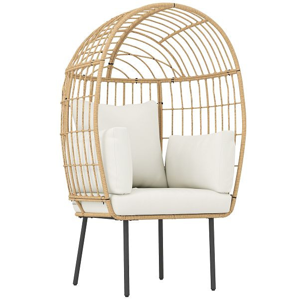 Outsunny Rattansessel Ei-Förmig mit abnehmbarem Kissen, Polster, Outdoor Sessel aus Rattan 95 x 80 x 155 cm Beige, 867-261V00BG