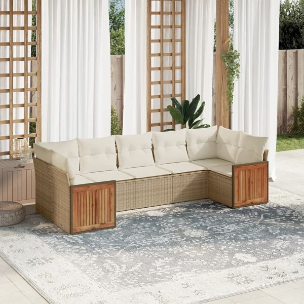 vidaXL 7-teilig Garten-Sofagarnitur mit Kissen Beige Poly Rattan, 3260350