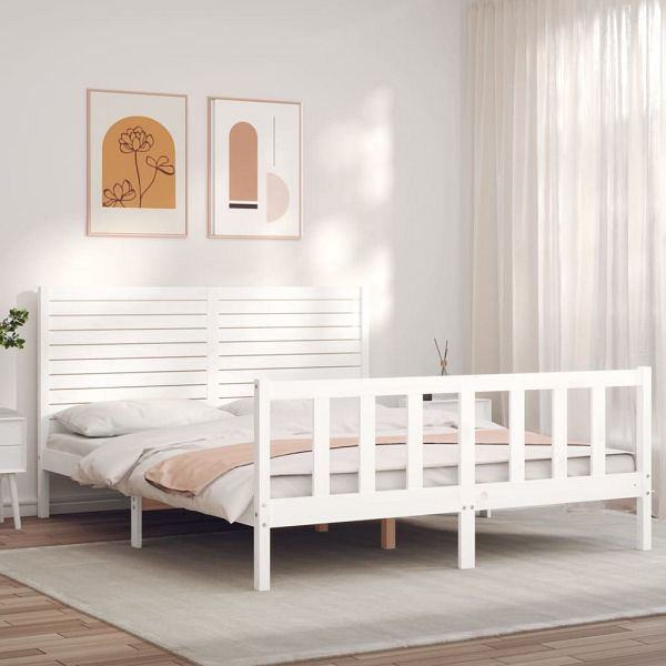 vidaXL Massivholzbett mit Kopfteil Weiß 160x200 cm, 3193217